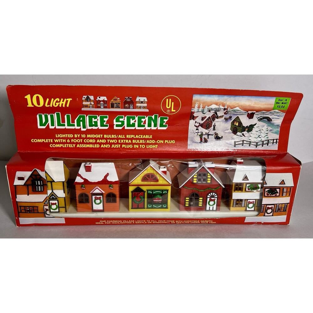 Vintage 10 Light Christmas Village Scene Houses Lighted Cottage Core In Box